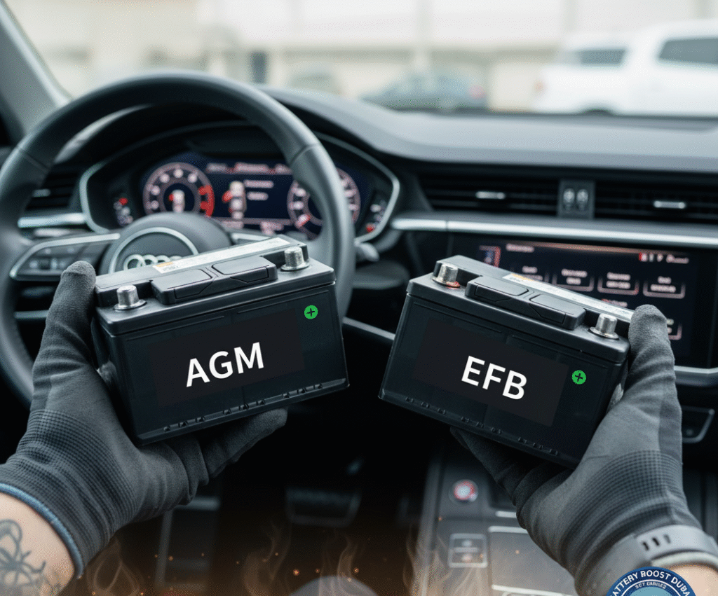 Best battery for audi,Close-up of hands holding two car batteries  labeled AGM and EFB
