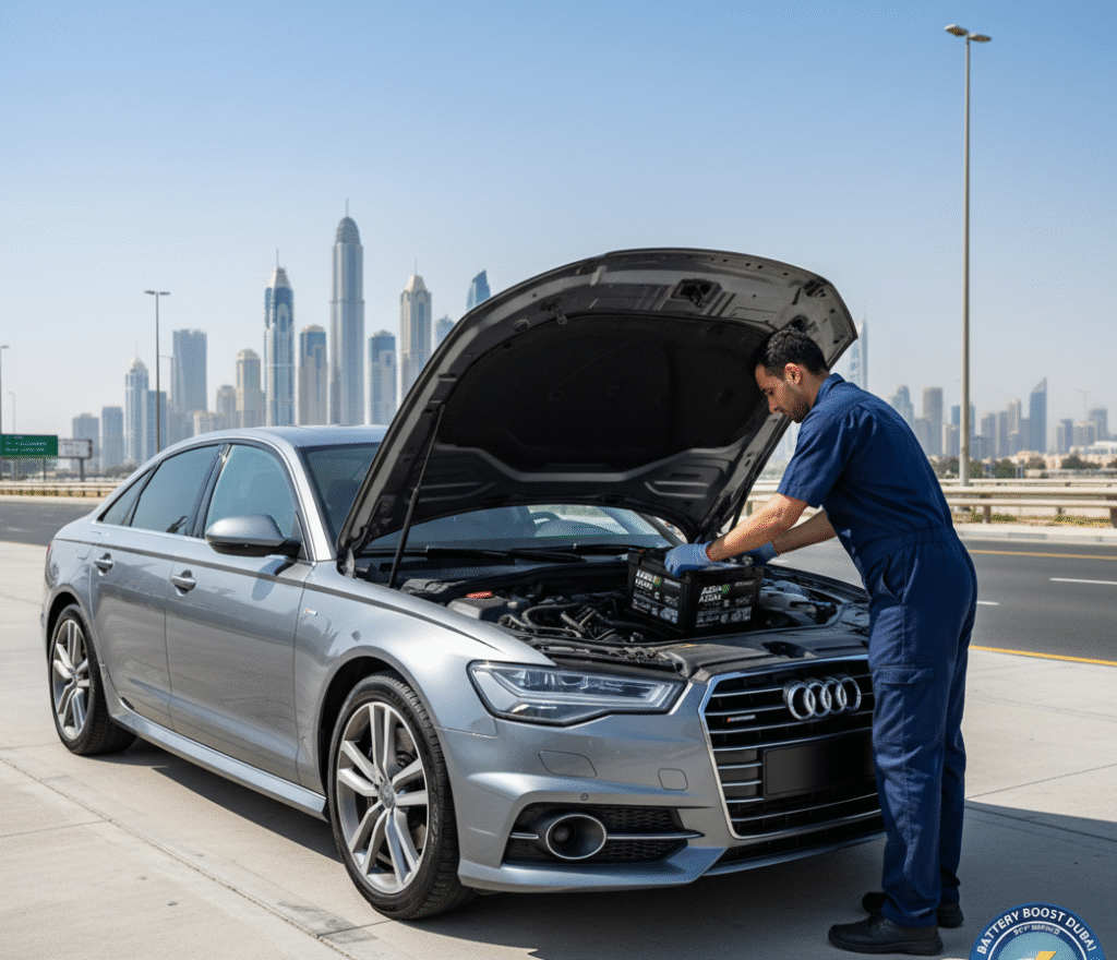 Best battery for audi , A premium Audi sedan(audi A6 or Audi A4) parked on clean dubai roadside