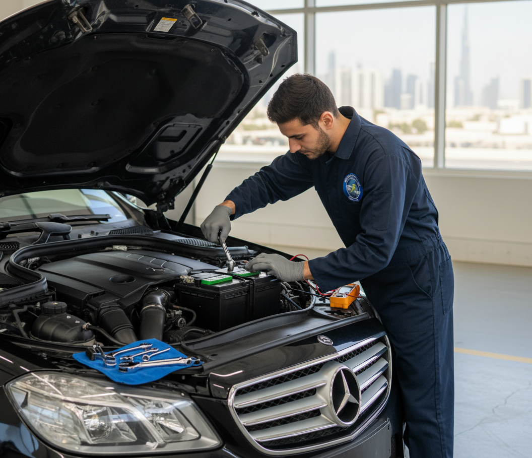 A luxury Mercedes-benz E-Class Battery , a professional teachnician check the Bttery