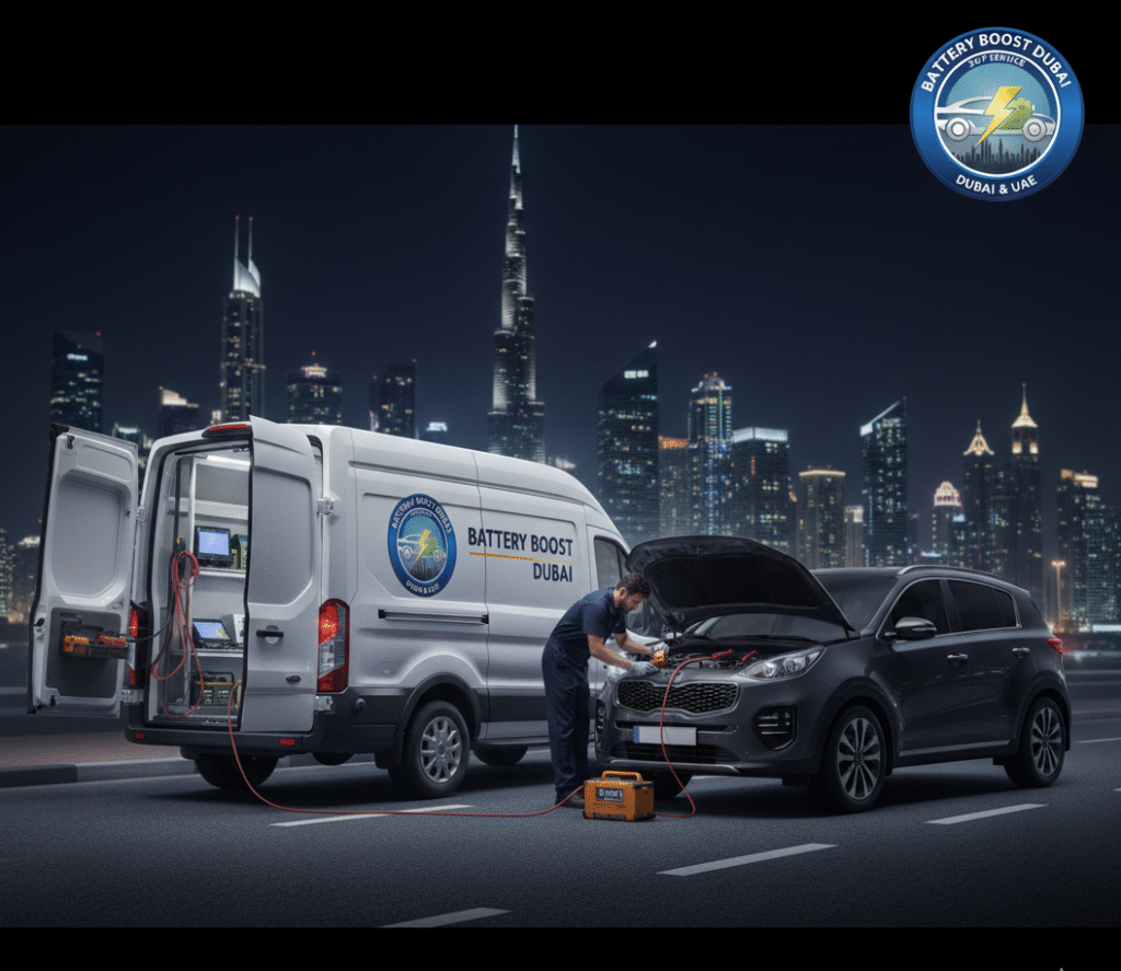 Best Batteries for Kiya Sportage, a mobile battery replacement van labelled Battery boost dubai assisting a kia sportage on the road at night