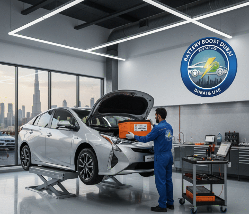 Hybrid Toyota Batteries car in a modern auto workshop in dubai