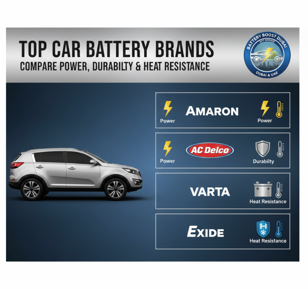 Best Batteries for Kiya Sportage showing car battery brand like Amaron, Ac Delco, Verta ,Exide etc.