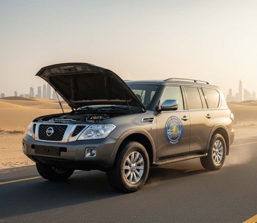 Nissan patrol Suv parked on a desert road in dubai
a technician check top batteries for nNssan patrol