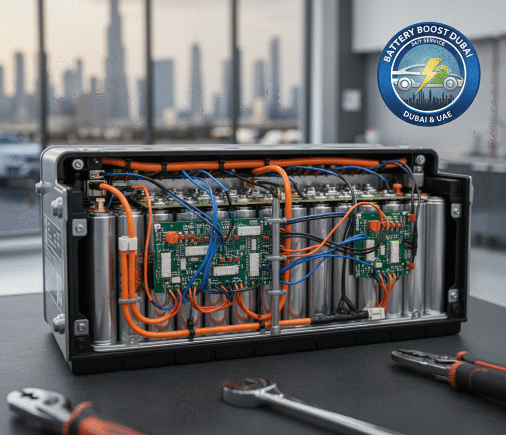 Hybrid Toyota Batteries inner pack with its internal cells and wiring exposed