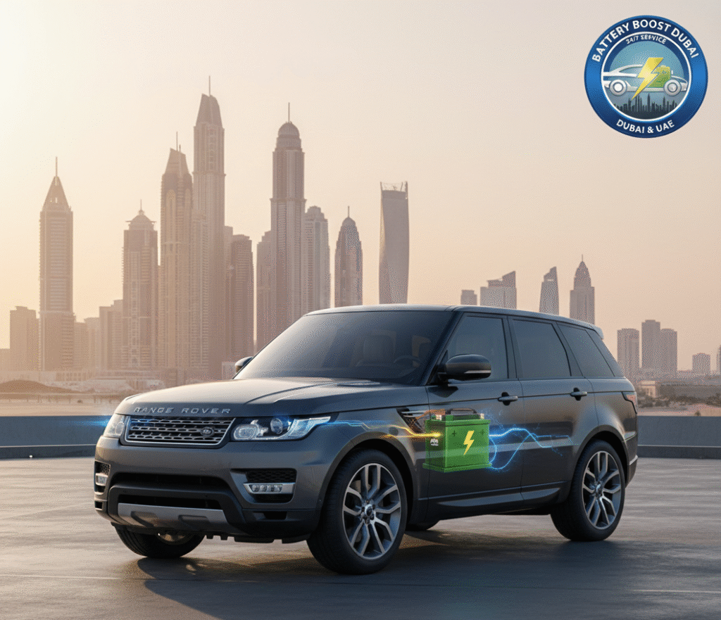 Best Batteries for Range Rover, range rover sport parked in a modern dubai