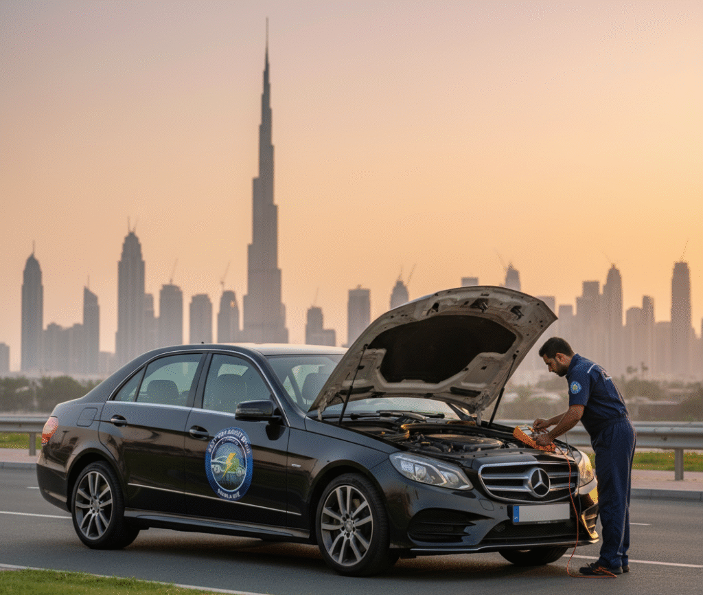 A mobile battery replacement van from a professional service provider assisting a Mercedes-Benz E-Class on a dubai roadside