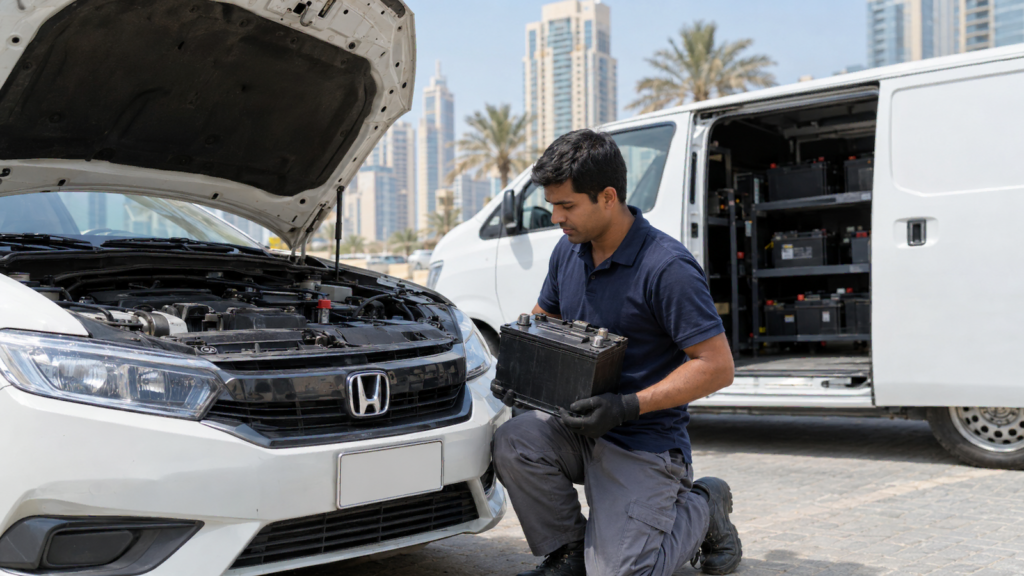 Technician replacing a Honda Civic car battery at a residential car park in Dubai