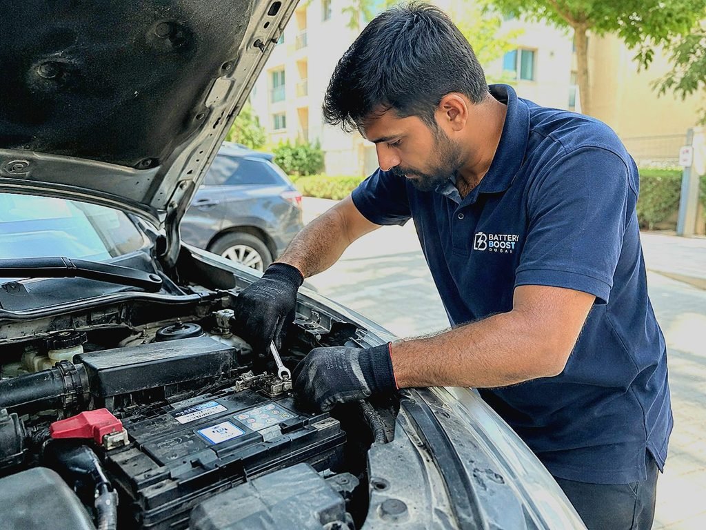 Technician testing a car battery in Dubai