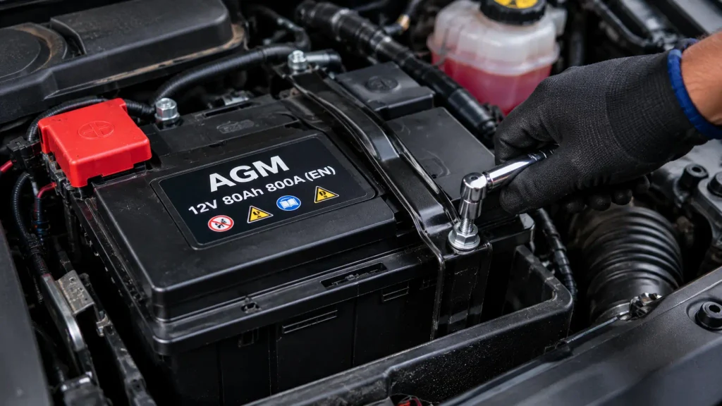 AGM 12V 80Ah battery fitted in a Mercedes engine bay
