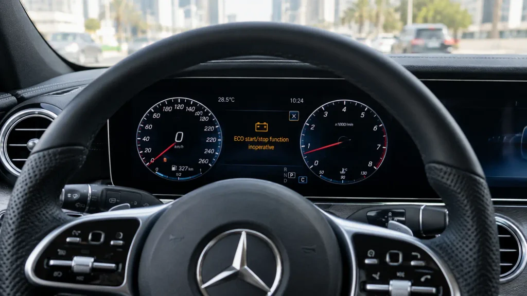 Mercedes dashboard showing ECO start/stop inoperative and a battery warning
