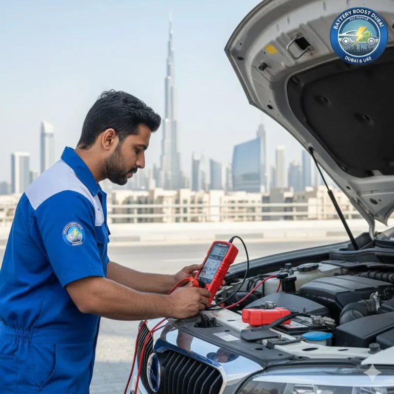 Battery Boost Dubai technician fitting a replacement car battery in Dubai