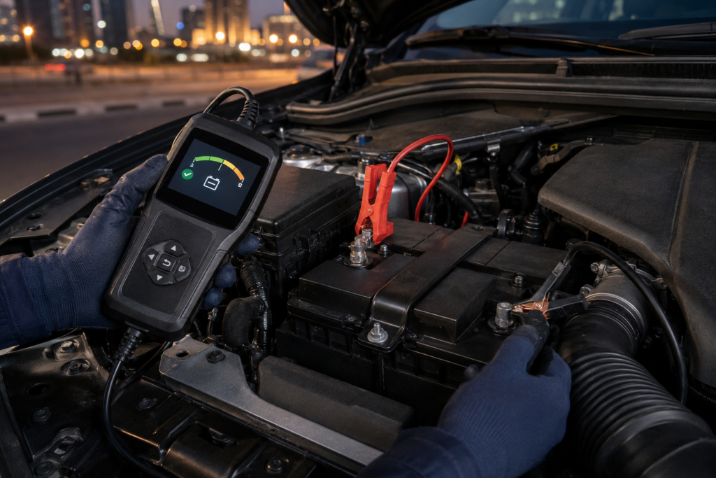 AGM luxury car battery being tested with a diagnostic tool