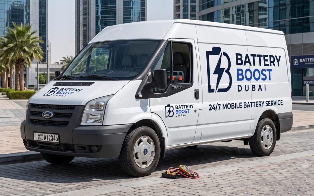 Battery Boost Dubai branded mobile service van parked in Dubai with battery testing equipment ready