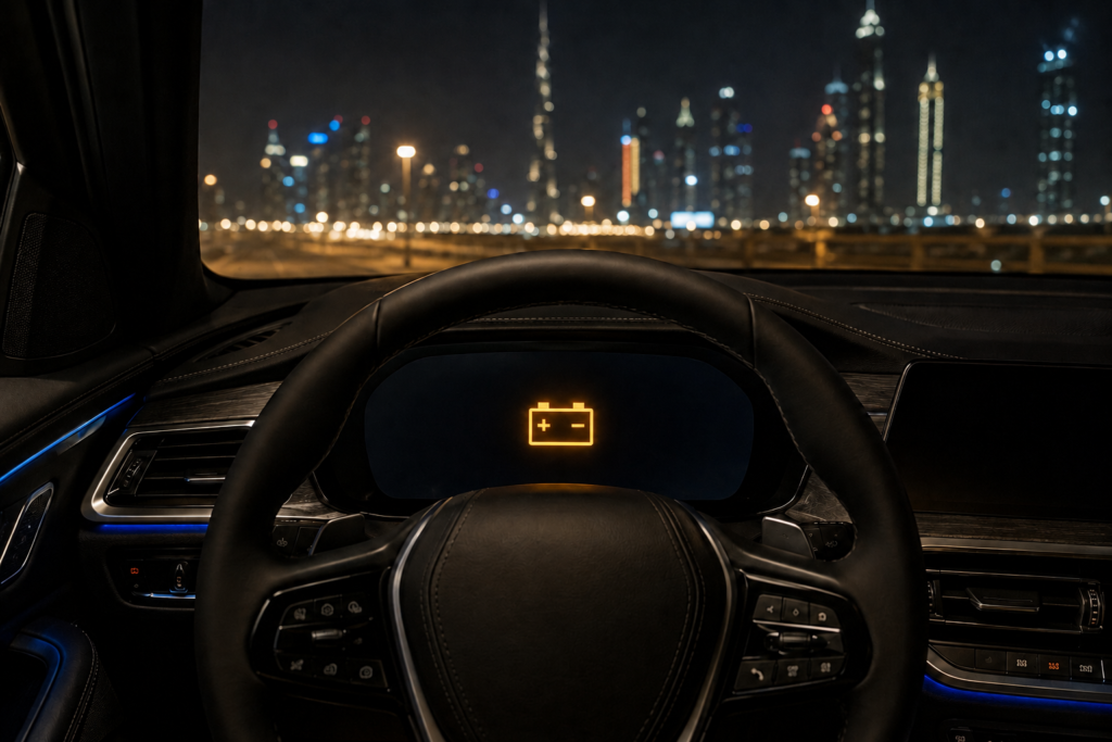 Luxury car dashboard showing a battery warning in Dubai
