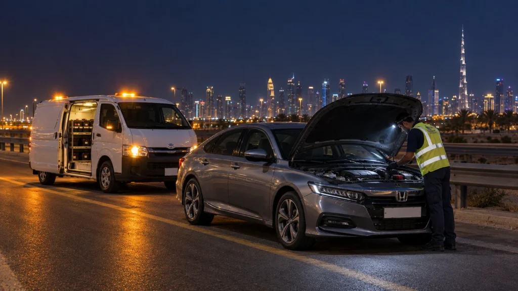 24/7 mobile car battery replacement on a Dubai roadside at night