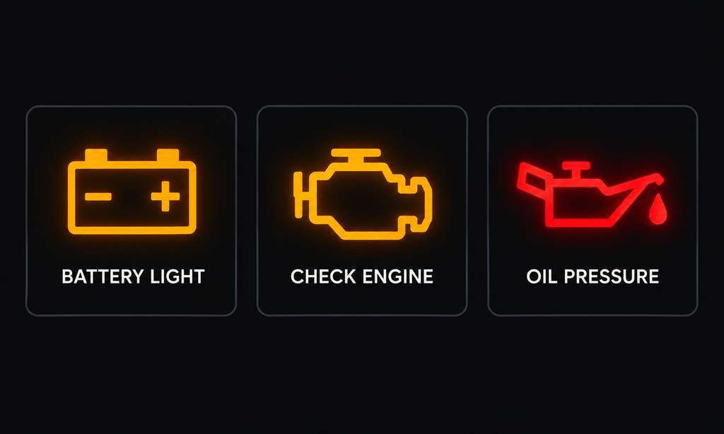 Side-by-side comparison of car dashboard icons: battery warning light, check engine light, and oil pressure light