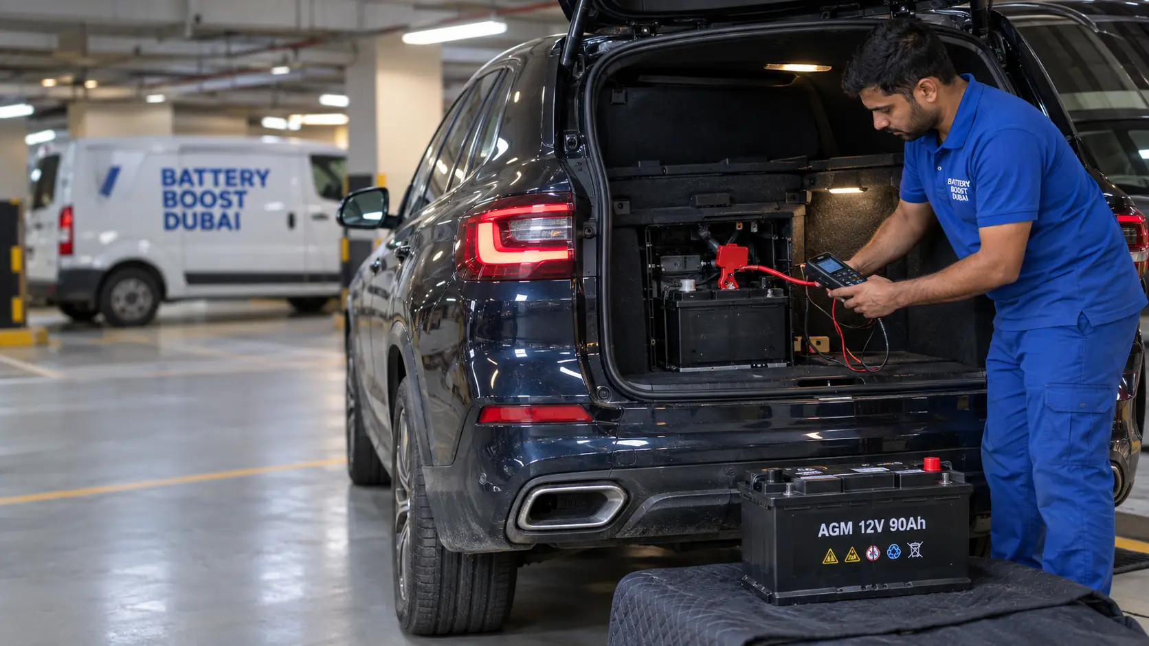Technician replacing a BMW battery in a Dubai parking garage