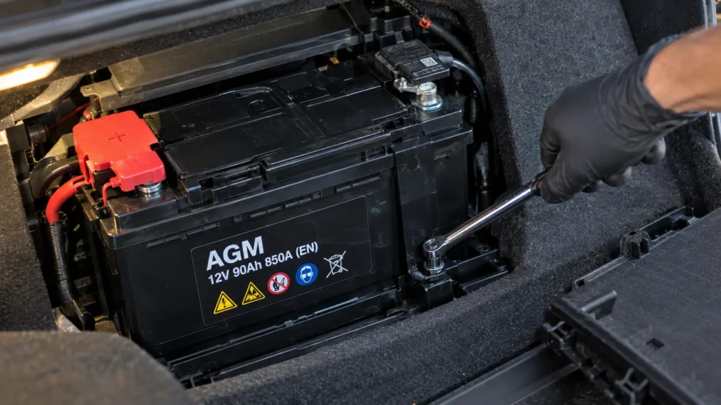 AGM battery mounted in the boot of a BMW with the trim panel removed