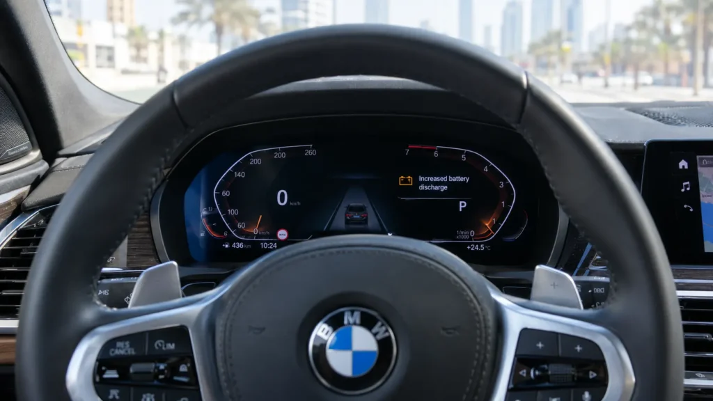 BMW dashboard showing an increased battery discharge warning