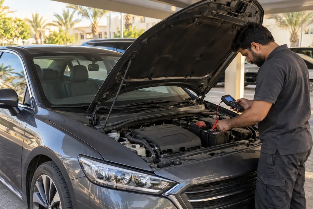 Technician testing a parked car’s 12V battery in Dubai, with a dash cam visible inside