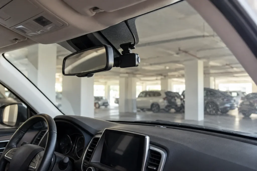 Dash cam mounted beside the rearview mirror in a parked car