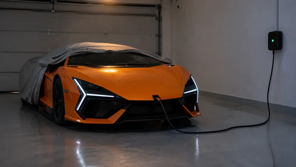 Battery conditioner connected to a stored Lamborghini in a Dubai garage