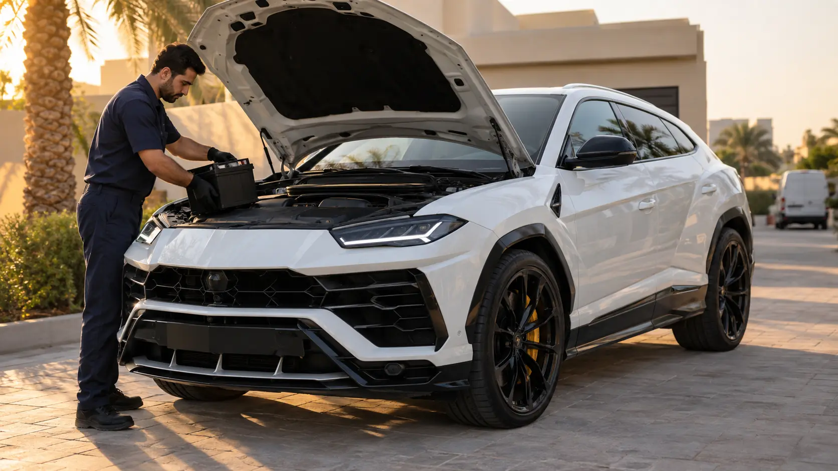 Technician replacing a Lamborghini Urus battery at a villa in Dubai