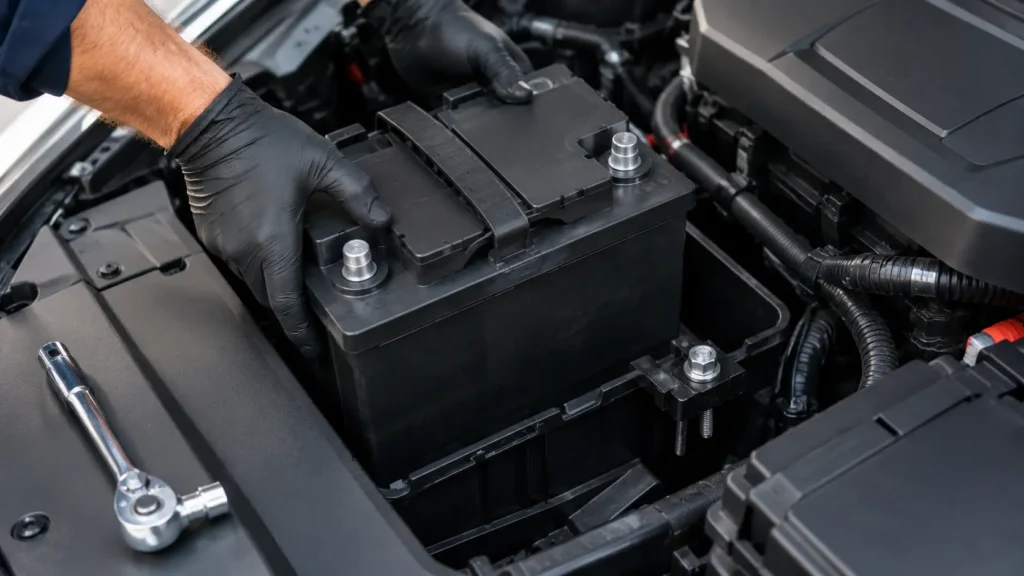 AGM battery being fitted into a Lamborghini Urus engine bay