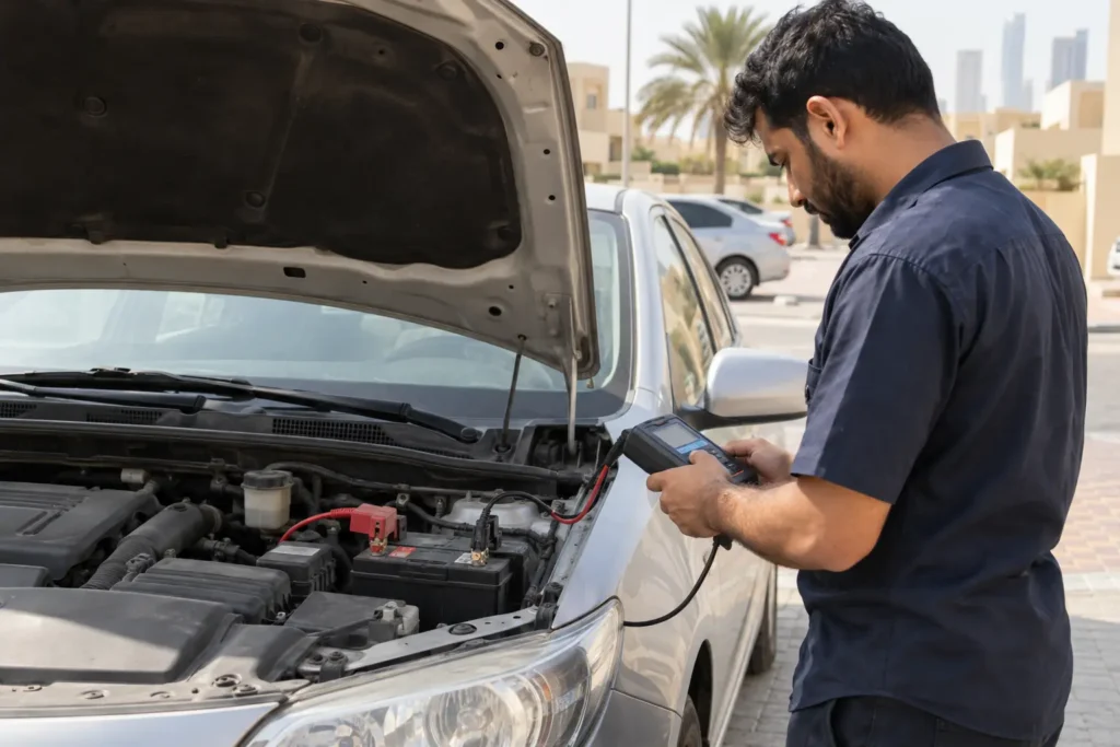 Technician testing a car battery at a Dubai parking location