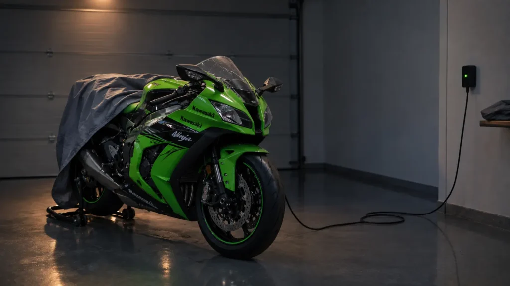 Superbike stored under a cover with a battery maintainer connected