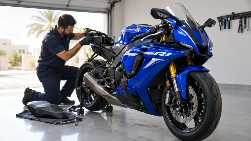 Technician fitting a new battery to a Yamaha R1 in a Dubai garage