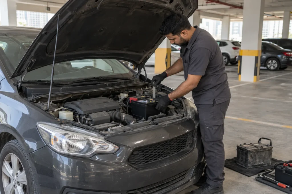 Technician fitting a replacement car battery in a Dubai parking area