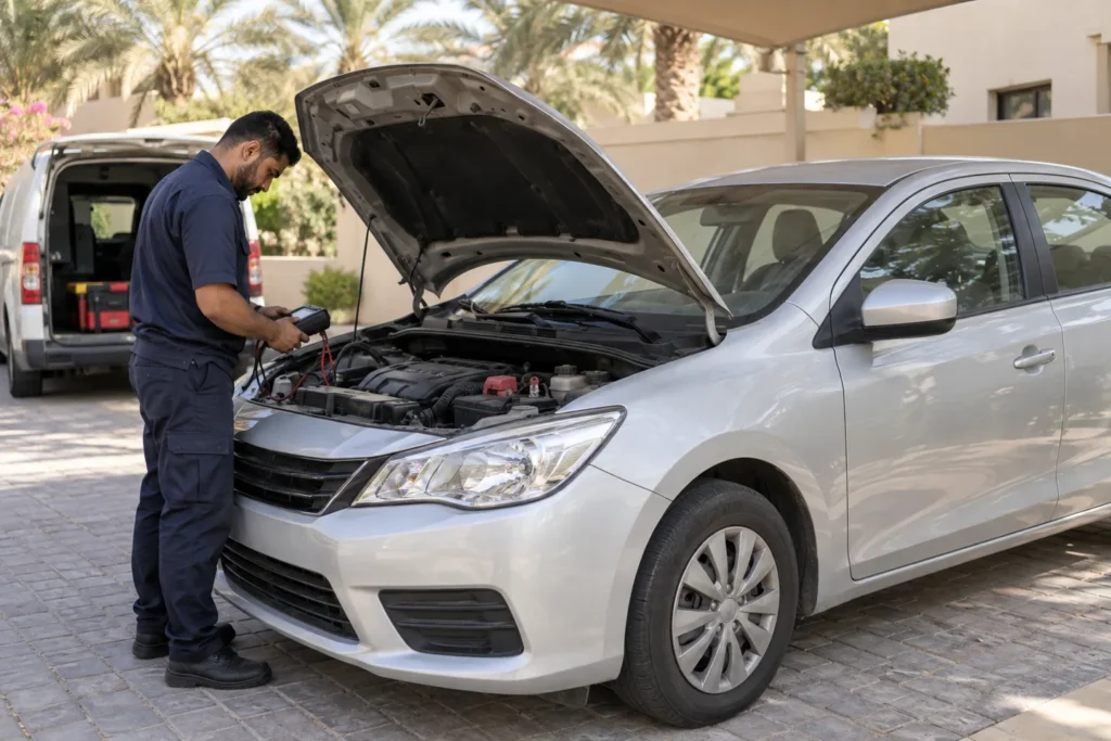 Technician testing a compact sedan battery at a Dubai home