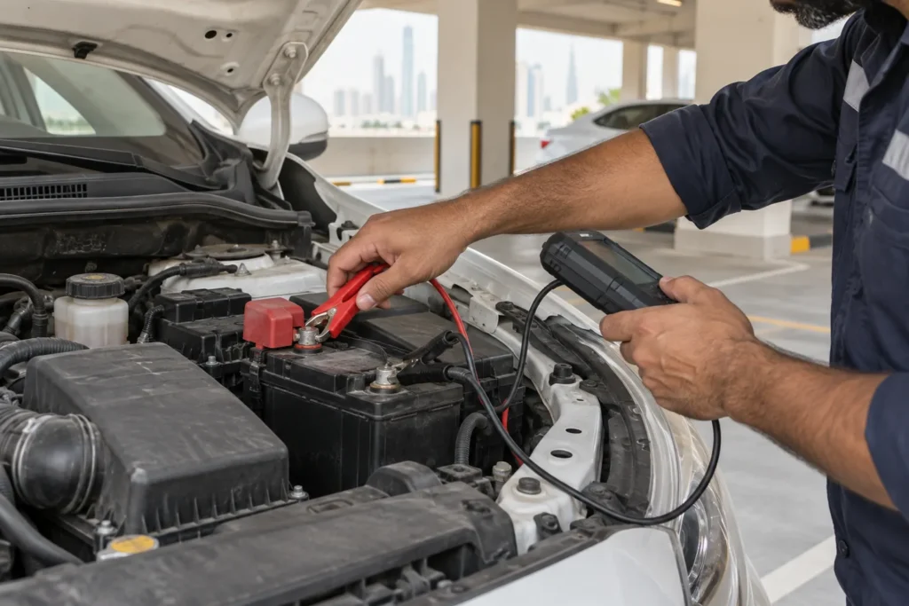 Technician checking a car's 12V battery with a handheld tester