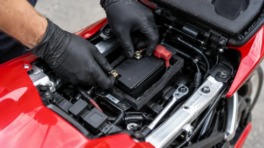 Compact lithium motorcycle battery being fitted in a sportbike tail section