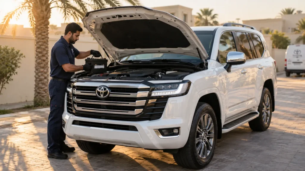 Technician replacing a Toyota Land Cruiser battery at a villa in Dubai