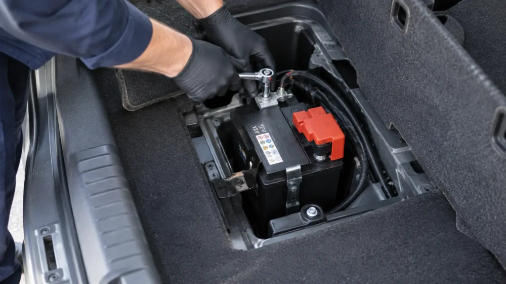 12V auxiliary battery located in the boot of a Toyota Camry Hybrid