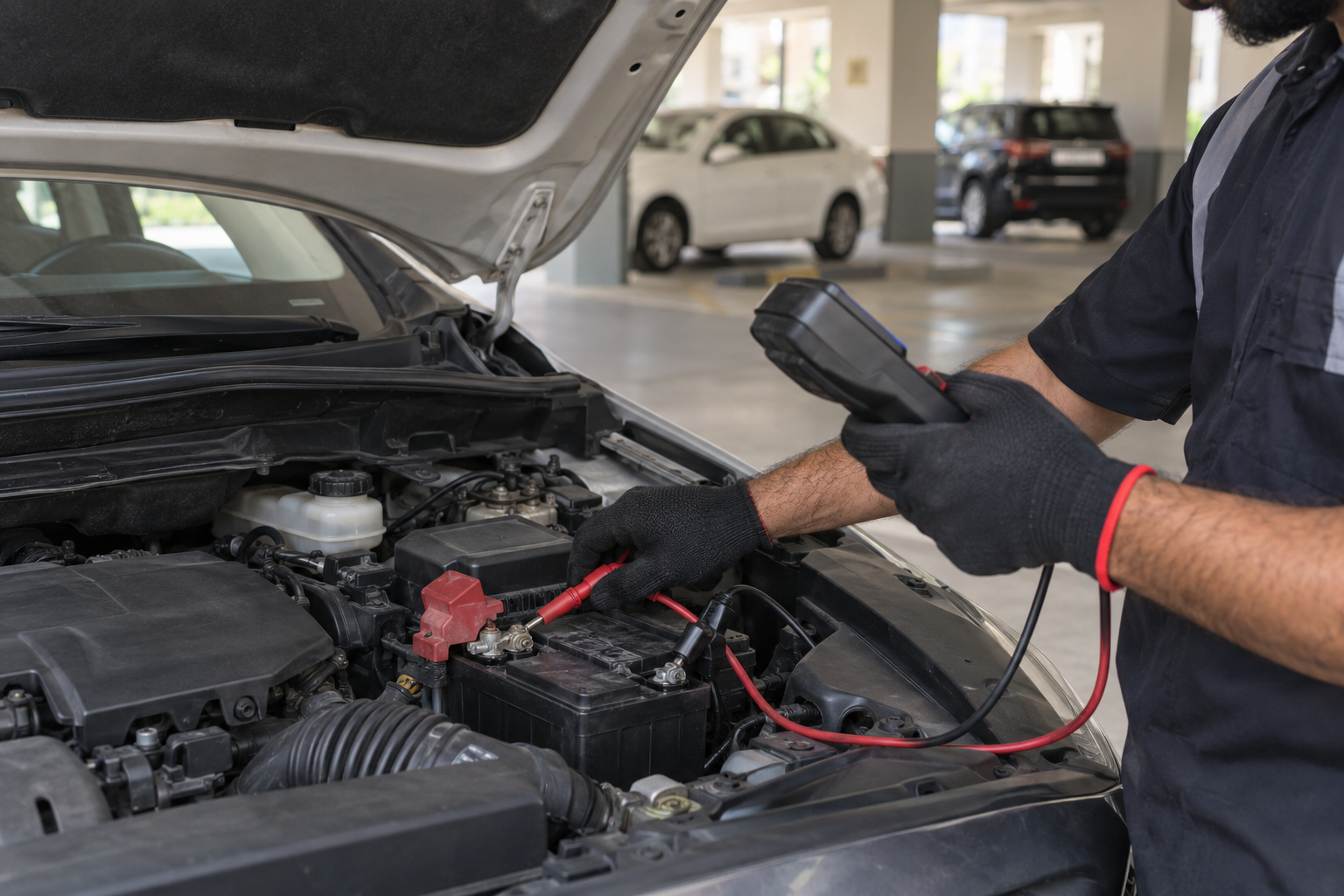 Technician testing a car battery under the bonnet in a covered parking area