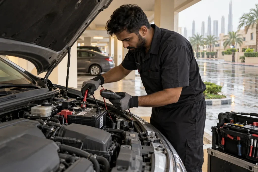 Car not starting after rain in Dubai: technician testing a 12V battery in a dry covered parking area