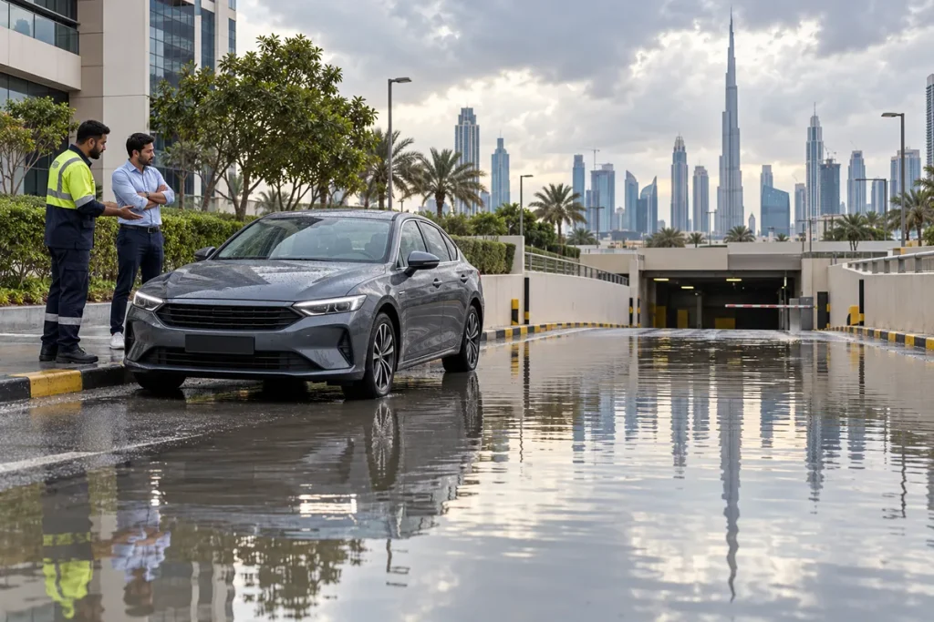 Car not starting after rain in Dubai near pooled water at a parking entrance with driver and technician on safer ground