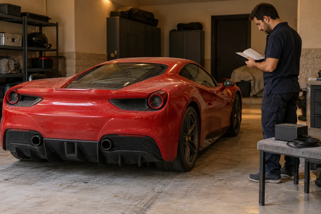 Battery conditioner beside a parked red sports car in a garage