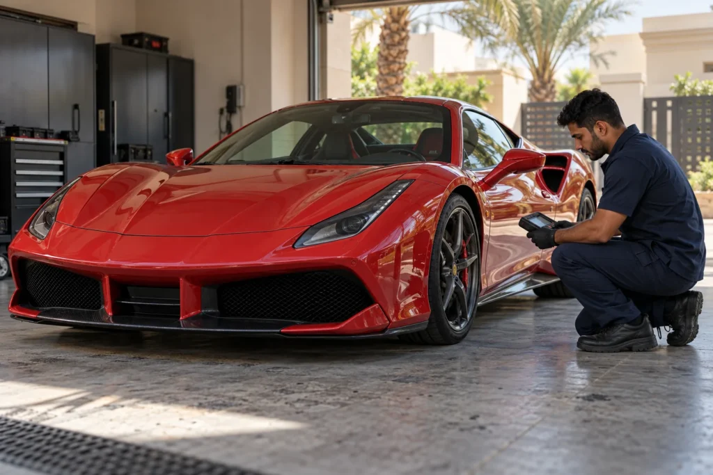 ferrari-battery-help-dubai-villa-garage.webp Technician checking a red Ferrari-style sports car in a Dubai villa garage
