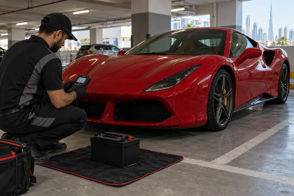 Mobile technician checking battery condition beside a red sports car in Dubai parking