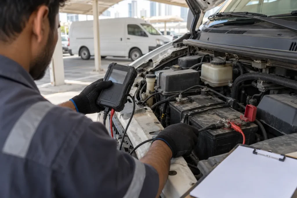 Technician using a battery tester on a light commercial van parked in Dubai,fleet battery replacement Dubai