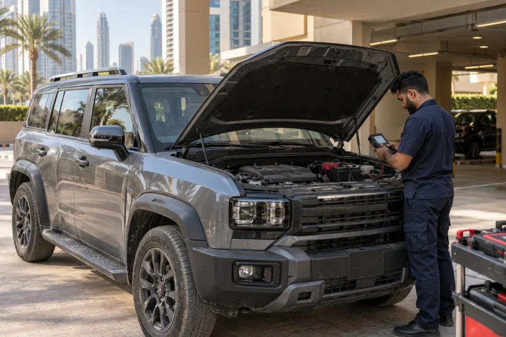Jetour T2 battery help in Dubai with a technician beside an SUV