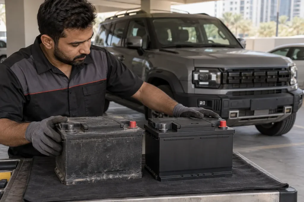 Technician comparing Jetour T2 battery size and terminal layout beside an SUV