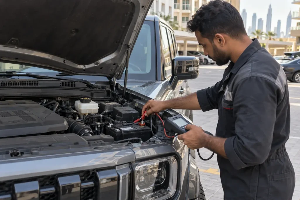 Jetour T2 battery being tested by a technician in a Dubai parking area