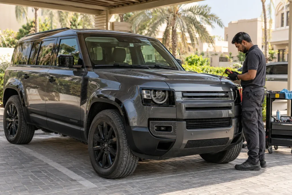 Land Rover Defender battery assistance beside an SUV in Dubai