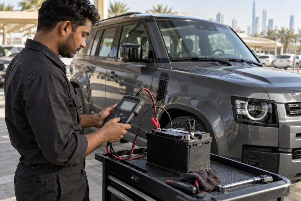 Land Rover Defender battery test with a 12V analyzer in Dubai