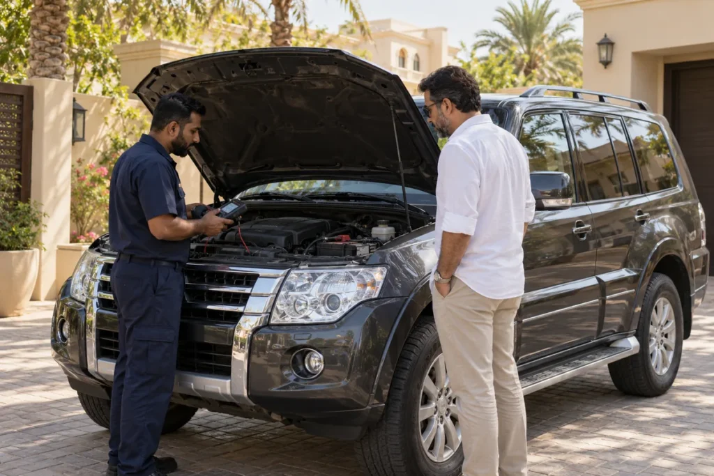 Pajero battery replacement in Dubai with a technician discussing a battery test beside a parked 4x4